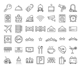 Collection of vector line icons for hotel services isolated. Simple symbols set. Bed, taxi, key and luggage pictograms. Travel signs.