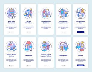 Self control onboarding mobile app page screen with concepts set. Time management walkthrough 5 steps graphic instructions. UI, UX, GUI vector template with linear color illustrations collection