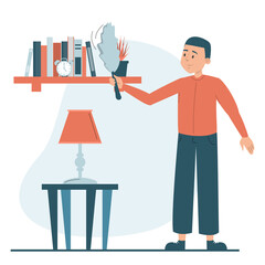 Man wiping dust from the shelf vector isolated. Housework concept. Domestic routine, househusband cleaning room.