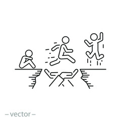 social solidarity icon, hands holding jumping man through career barrier, care and support in the problem, help emergency, thin line symbol on white background - editable stroke vector eps10