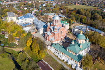 Aerial view of Pokrovsky Khotkov Monastery on sunny autumn day. Khotkovo, Moscow Oblast, Russia.