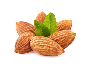 Almonds with leaves in closeup isolated on white background. Nuts isolated.
