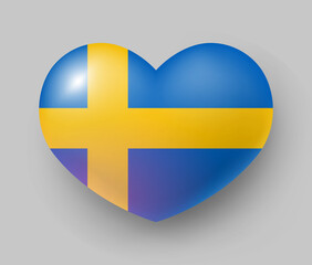 Heart shaped glossy national flag of Sweden. European country national flag button, Swedish symbol in patriotic colors realistic vector illustration on gray background