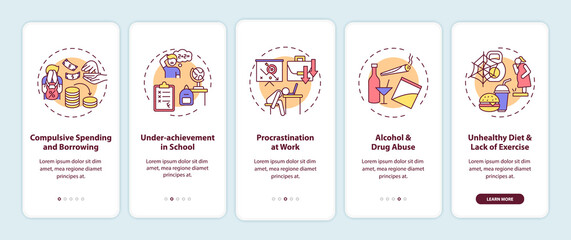 Major self-control problems onboarding mobile app page screen with concepts. Burnout walkthrough 5 steps graphic instructions. UI, UX, GUI vector template with linear color illustrations