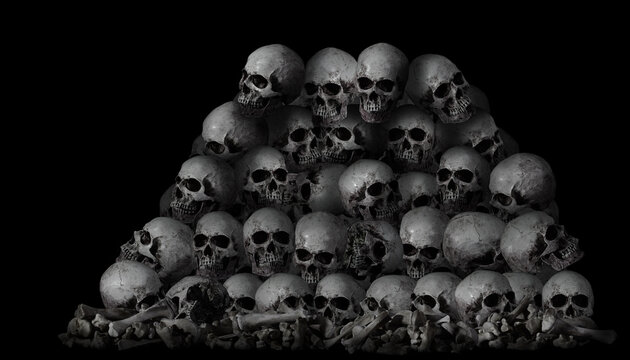 Pile of wonderful skulls and bones on Halloween night style, death scene from plague, selective focus still life for background.