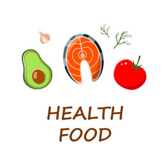 Proper nutrition. Healthy food concept. Health food store. Logo for a healthy food store. Diet food. Organically healthy foods. Trout, avocado, tomato symbols. garlic and dill