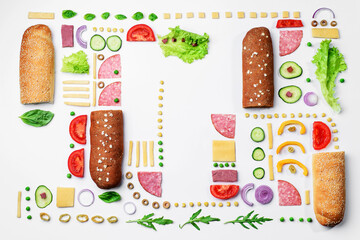 Sandwich ingredients pattern. Creative layout of ingredients on white background. Space for text. Top view