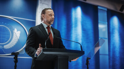 Charismatic Organization Representative Speaking at a Press Conference in USA Government Building....
