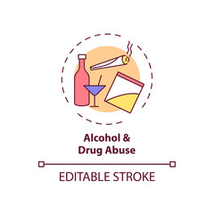 Alcohol and drug abuse concept icon. Unhealthy substance dependence. Smoking habit. Self control problem idea thin line illustration. Vector isolated outline RGB color drawing. Editable stroke