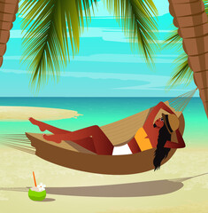 Fototapeta premium Digital illustration of a girl on summer vacation on the beach lies in a hammock and bask in the sun under a palm tree