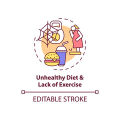 Unhealthy diet and lack of exercise concept icon. Issue with personal regulation. Self control problem idea thin line illustration. Vector isolated outline RGB color drawing. Editable stroke