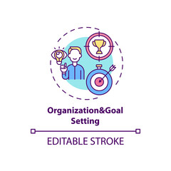 Organization and goal setting concept icon. Achievement and success at work. Personal motivation. Self control idea thin line illustration. Vector isolated outline RGB color drawing. Editable stroke