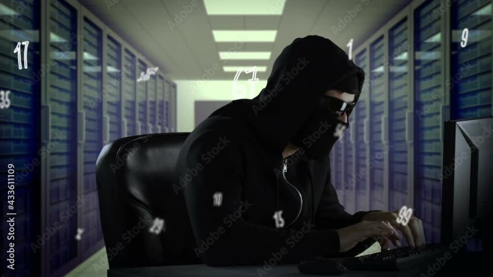 Poster Animation of floating numbers and icons over caucasian man using computer