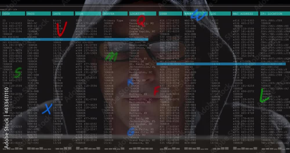 Poster animation of scientific data processing and letters over caucasian man using computer