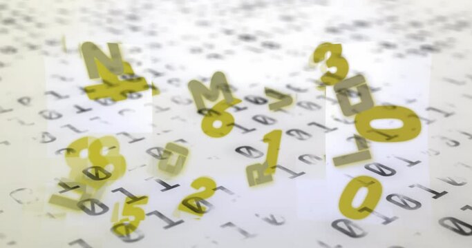 Animation of floating letters and numbers over scientific data processing on white background