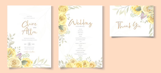 Wedding card template with hand drawn yellow floral ornaments theme