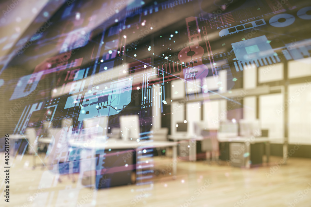 Aufkleber double exposure of abstract programming language interface on modern corporate office background, re