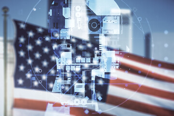 Double exposure of creative human head microcircuit hologram on US flag and skyline background. Future technology and AI concept