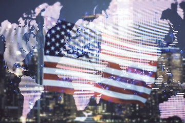 Multi exposure of abstract creative digital world map hologram on USA flag and blurry skyscrapers background, research and analytics concept
