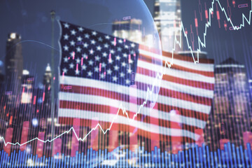 Multi exposure of virtual creative financial graph and world map on USA flag and blurry cityscape...
