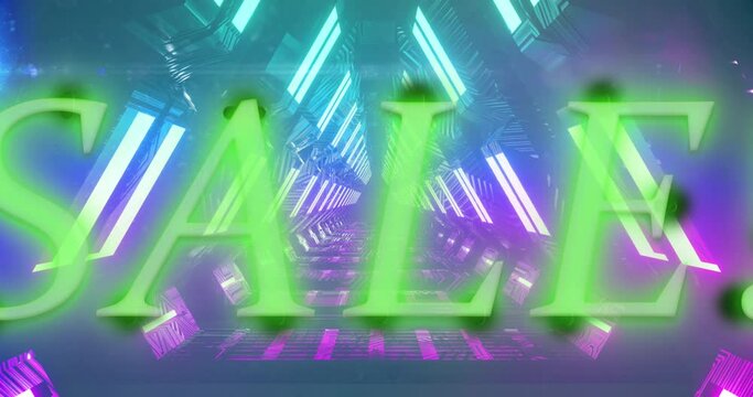 Animation of sale text in green neon letters over glowing neon tunnel
