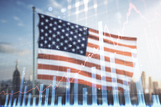 Multi exposure of virtual abstract financial graph interface on US flag and skyline background, financial and trading concept - Powered by Adobe