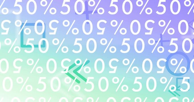 Animation of 50 percent text in repetition over geometric shapes on purple to green background
