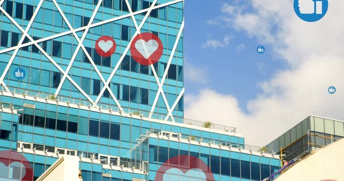 Animation of multiple heart love icons over modern cityscape in background