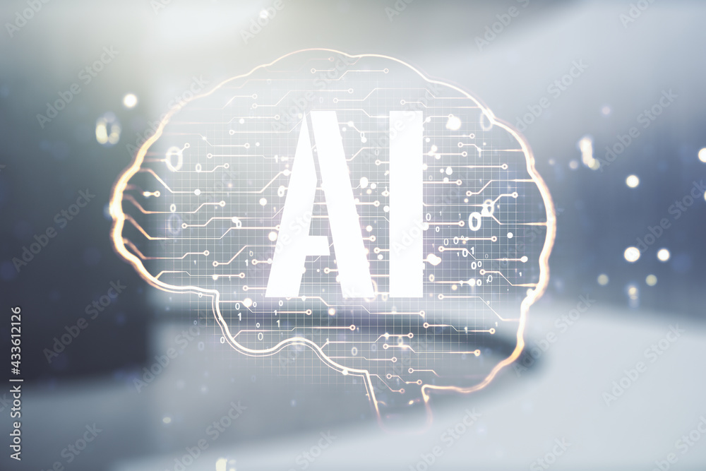 Aufkleber double exposure of creative human brain microcircuit hologram on empty room interior background. fut