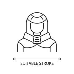 Protection suit black glyph icon. Robotic person, cyborg. Human in cyberpunk costume. Thin line customizable illustration. Contour symbol. Vector isolated outline drawing. Editable stroke
