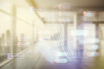 Multi exposure of abstract software development hologram and world map on empty modern office background, global research and analytics concept