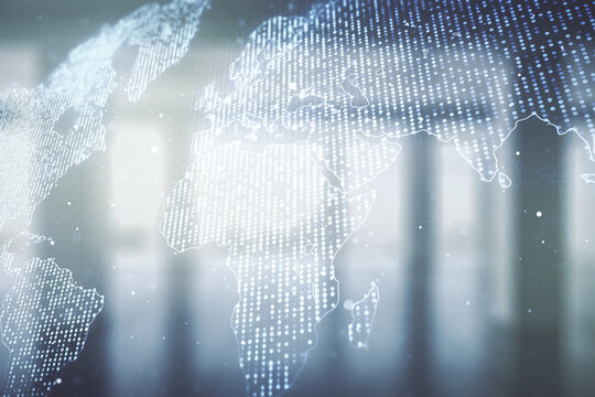 Multi exposure of abstract creative digital world map hologram on empty corporate office background, tourism and traveling concept - Powered by Adobe