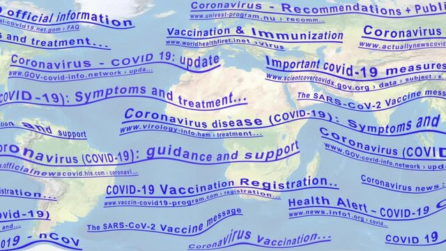 The links of imaginary no-existing websites for coronavirus with planet map move on a display, close up.