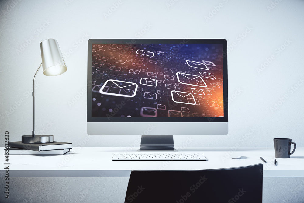 Poster Creative abstract postal envelopes hologram on modern computer monitor, email and notification concept. 3D Rendering