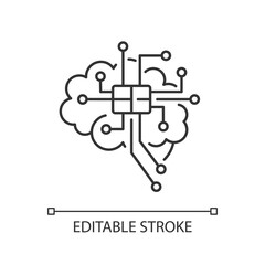 Brain microcircuit black glyph icon. Innovative technology. Artificial intelligence. Thin line customizable illustration. Contour symbol. Vector isolated outline drawing. Editable stroke