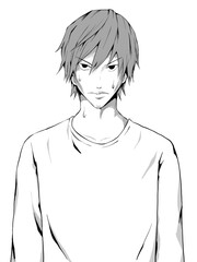 漫画風_白シャツ男_睨みつけながら汗_縦