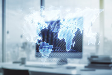 Double exposure of abstract digital world map on computer background, big data and blockchain concept