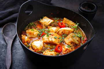 Modern style traditional Spanish seafood zarzuela de pescado with fish served in red sauce as close-up in design pot