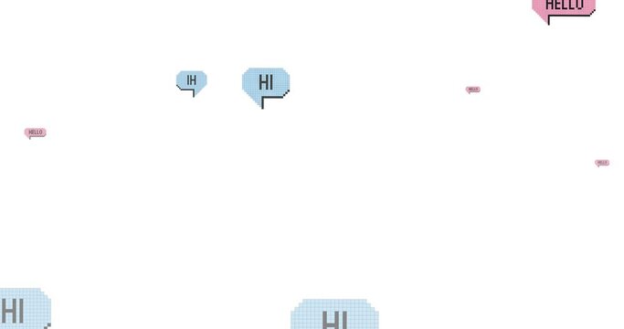 Animation of multiple hi and hello text on vintage speech bubbles on white background