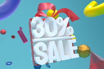 30% sale with bow and ribbon 3d design on abstract geometry background