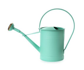 Turquoise metal watering can isolated on white