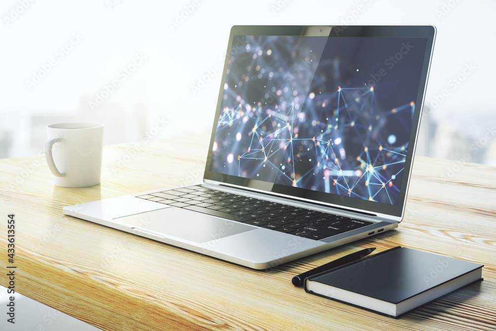 Poster creative abstract wireless technology hologram on modern computer monitor, artificial intelligence a