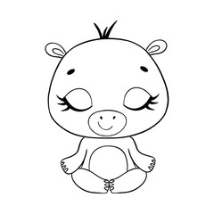 Doodle cute cartoon animals meditate. Tropical jungle animals yoga. Hippopotamus meditation coloring page.
