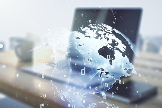 Multi exposure of abstract software development hologram with world map and modern desktop with laptop on background, global research and analytics concept