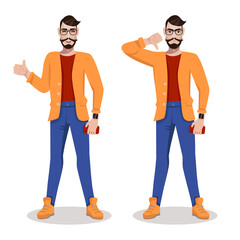 The man shows a gesture of approval and disapproval. Good and bad, like and dislike.