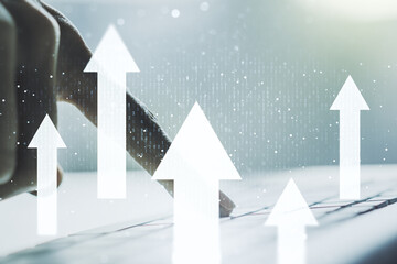 Fototapeta premium Creative abstract upward arrows sketch and hands typing on computer keyboard on background, target and goal concept. Multiexposure