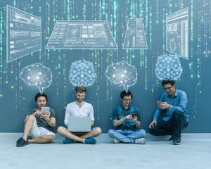 Group Of Asian and Multiethnic Business people working with brain and virtual screen connecting on...