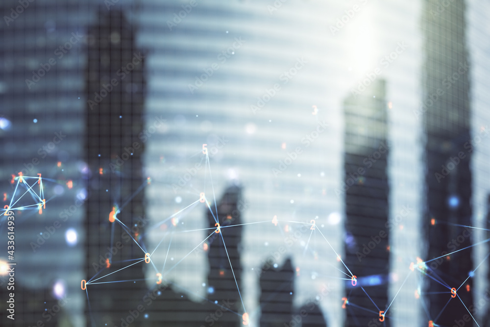 Poster Abstract virtual wireless technology hologram on office buildings background. Big data and database concept. Multiexposure