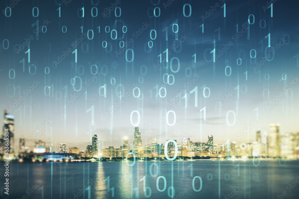 Poster abstract virtual binary code illustration on chicago skyline background. big data and coding concept