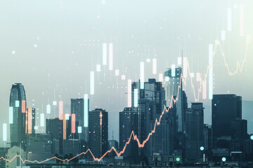 Naklejka na ściany i meble Multi exposure of virtual abstract financial graph interface on Los Angeles cityscape background, financial and trading concept